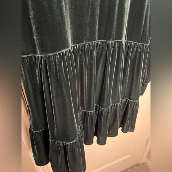 1.STATE Deep Green Velour Velvet Long Sleeve Ruffle Babydoll Dress w/ V-neck XL - Picture 8 of 11